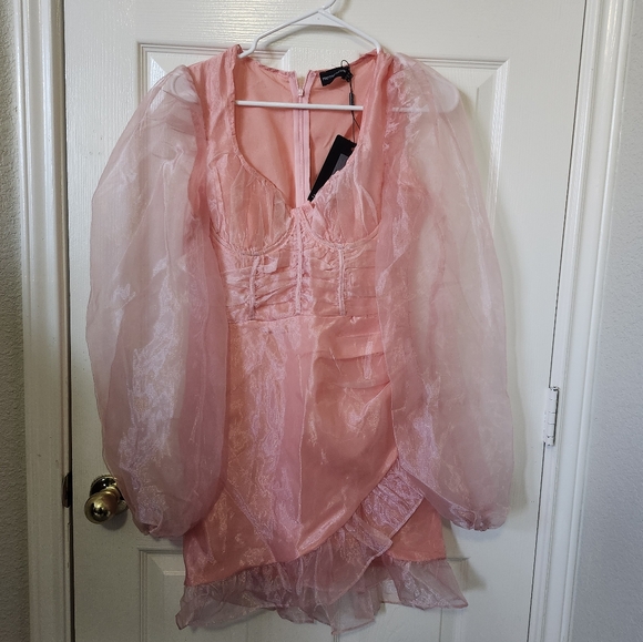 Pretty Little Thing Blush Organza Puff Sleeve Wrap Bodycon Mini Dress 4 - Picture 5 of 14